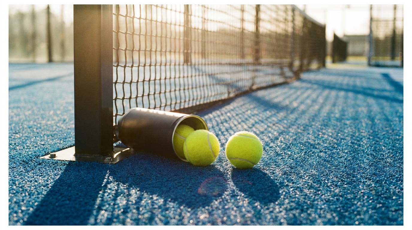 Bote de pelotas de padel abierto junto a la red de la pista