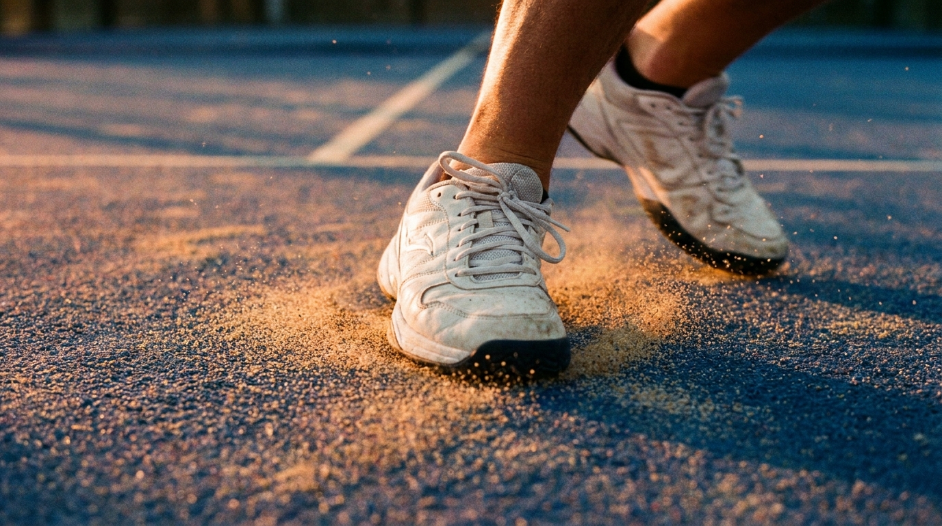 Zapatillas de padel en movimiento lateral sobre pista azul